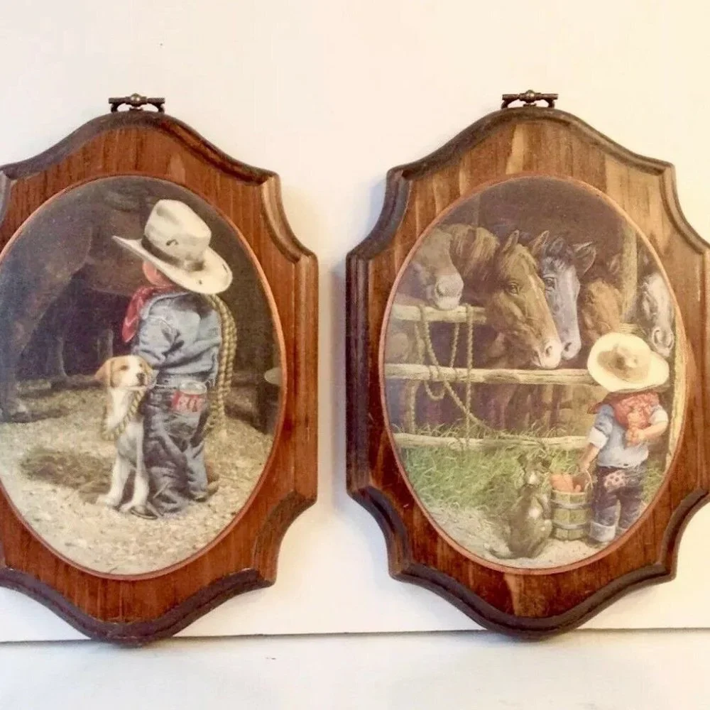 Set of 2 Beaded Glass Wall Plaques of Cowboy Child
